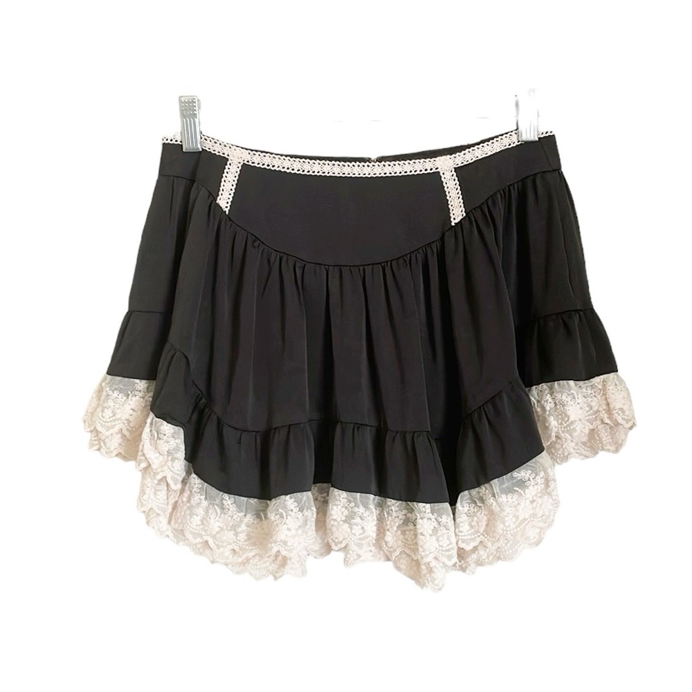 Language Black Contrast Ivory Lace Trim Tiered Lolita Fairygoth Mini Skirt